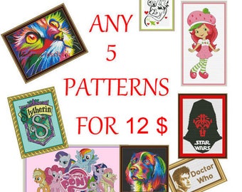 Any five Cross Stitch Patterns PDF for 12. Sale Special Offer