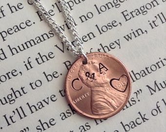 Personalized Hand Stamped Coin, Penny Necklace For anniversaries or any occasion!