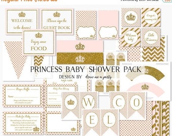 PRINCESS BABY SHOWER Decorations Printable , Pink and Gold Baby Shower Package , Princess Cupcake Toppers , Wrappers . Sign , Tags and More