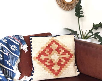 Vintage Kilim Pillow Cover | Wool Pillow Case Throw Pillow | Patterned Boho Cushion Geometric Pillow Beige | 18 x 18 inches Kelim Pillow