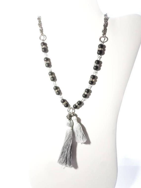 Silver Chain and Dark Grey Beads and Rhinestone Rondelles and