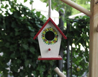 Decorative Birdhouse, Dark Red, Red, Green, Yellow, Hand Painted, Rustic, Rustic Birdhouse, Miniature Birdhouse, Wood