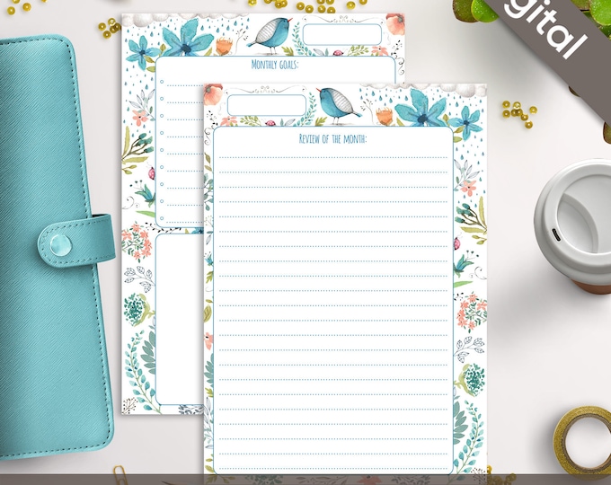 A5 Monthly Planner Printable, Undated Monthly, Calendar, Filofax A5 printable refills, Arinne Blue Bird DIY Planner PDF Instant Download