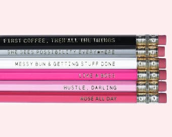 Motivational Pencil Set, Gift for Her, Gift for Boss, Boss Lady, Desk Accessories, Pencils, Gold Foil, Engraved Pencils, Back To School