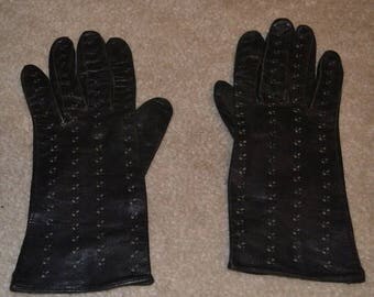 Vintage Black Leather Eyelet Driving Gloves
