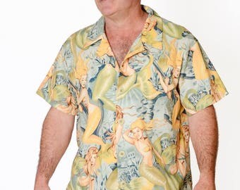 Feak Shirt for Men Mermaid Print Yellow, Hawaiian Shirt, Hawaiian Shirt Men, Mens Hawaiian Shirt, Yellow Mermaid Shirt, Summer Surf Shirt
