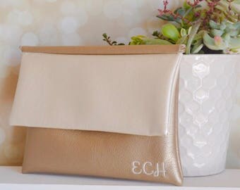 Gold monogram clutch - bridesmaid gift - personalized leather purse - ivory bridesmaid clutch - clutch purse - color block fold over clutch