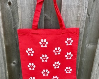 Red Canvas heart paw print tote bag