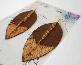 Choc Brown Leather Feather Earrings, Dipped in Gold, Feather Earring, Festival Accessories, Brown Feather Earrings, Bohemian, Brown Leather