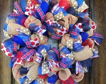 Blue wreath - red wreath - high school team wreath - team decor - red and blue wreath - burlap wreath - deco mesh wreath - team spirit