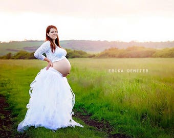 White lace maternity dress for photo shoot, gown , maternity dresses, tulle skirt, lace top, maternity photography, maternity photoprop