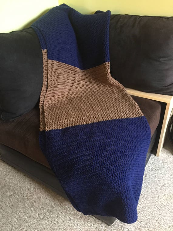 Blue and Tan Crochet Throw Blanket Afghan Blanket Blue Throw