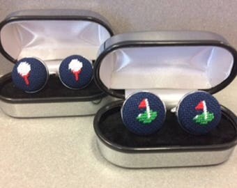 Fathers Day Golf, Golf Cufflinks, Golf Club, Needlepoint Golf Ball on Tee, Fathers Day Gift, Golfer Gift