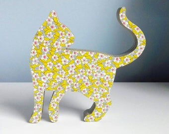 Liberty of London Yellow/Gray Floral Print Decoupage/Silver Gold Glitter Standing Cat Decorative Ornament/New Gift/Home Decor/Gift Boxed
