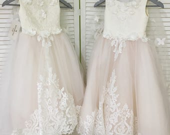 Ivory and Blush Pink Flower Girl Dress - Birthday Wedding party Bridesmaid Holiday Ivory Blush Pink Tulle Lace Flower Girl Dress 16-1554