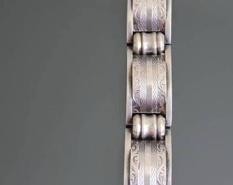 Art Deco 900 Silver Gilt Panel Bracelet. Engraved, Geometric. Link Bracelet Size 7