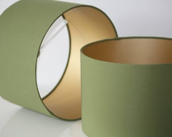 Olive green handmade drum lampshade with gold lining available in variety of sizes