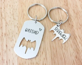 Batdad and Sidekick Keychain-Bat Dad keychain-Superhero-Geeky dad Gift-Hand stamped jewelry-Batman and Robin-Batman keychain