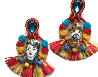 Boho chic earrings, romantic Sicilian earrings, soutache earrings, ceramic earring READY TO SHIP