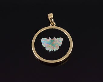 14k Onyx Carved Opal Butterfly Overlay Pendant Gold
