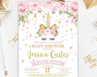 Unicorn Baby Shower Invitation, Pink and Gold Baby Shower Invitation, Floral Baby Shower Party,Rainbow Baby Shower Invitation, Unicorn Party