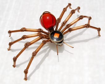 Spider Outdoor Metal Garden Sculpture in Red, Copper and Stained Glass