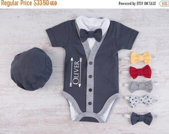 LATE SHIP SALE Personalized Baby Boy Gift, Graphite Gray Cardigan, Bodysuit, Hat & Bow Tie Set, Baby Boy Outfit, Newborn Photo Prop, Newborn
