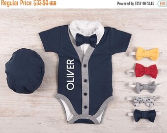 LATE SHIP SALE Baby Boy Coming Home Outfit, Personalized Short Sleeve Navy Cardigan, Bodysuit, Hat & Bow Tie Set, Baby Boy Clothes, Baby Boy
