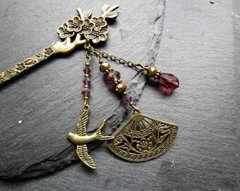 Fan, Plum Flowers and Bird Hair Stick, Swallow Hair Stick, Oriental Hair accessory, Ume kanzashi, Hairstick, Oriental Hair Stick