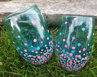 Teal pink coral confetti stemless wine glass set, Teal/pink confetti stemless wine glass set, teal/pink polka dot stemless wine glass set