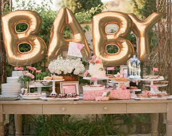 Giant BABY Balloons - 40" Inch Gold Mylar Balloons in Letters B-A-B-Y -Metallic Gold, Rose Gold or Silver - Authentic Megaloons from Italy