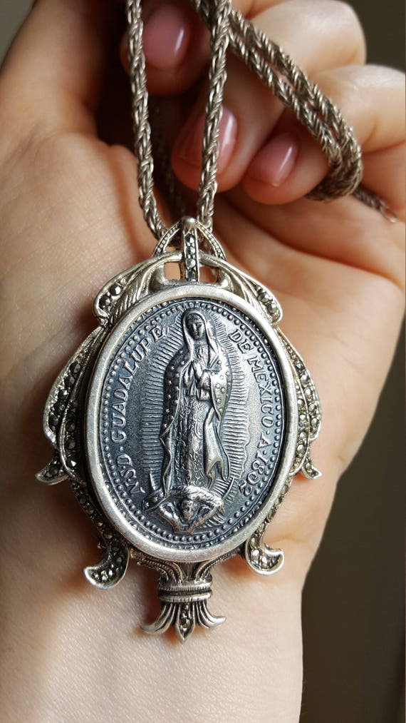 Large Vintage Our Lady of Guadalupe Medal Pendant Sterling