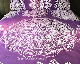 Mandala tapestry duvet cover and 2 matching pillowcases, Indian tapestry doona cover+2 pillowcases, Boho bedding, mandala duvet