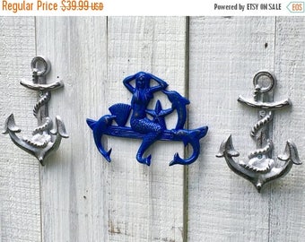 ON SALE Nautical Wall Hook Set - Mermaid and Anchor Decor - Custom Colors - Bathroom Towel Holder - Beach House Decor - Cast Iron Hooks - Wa