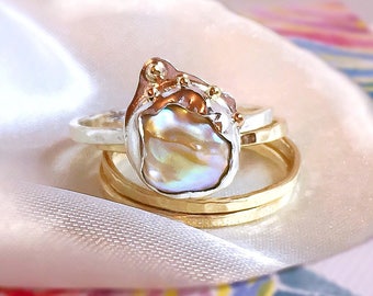 Rare Gold Pearl ring, South Sea Keshi Silver & Gold ring, Natural Keshi Champagne Pearl ring, 9ct solid gold handcrafted ring.