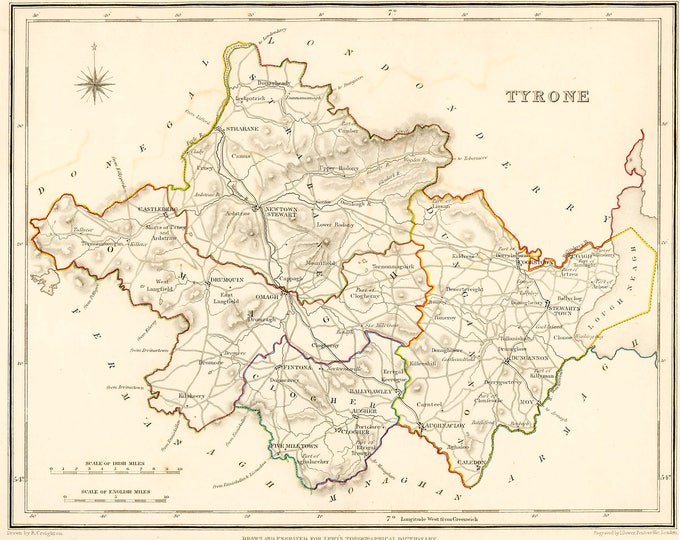 Irish Map - County Tyrone Ireland - Antique Map 1837 - Free International Shipping