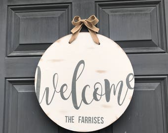 Round home front door hanging sign, front porch front door decor, housewarming gift, hand painted wood home sign