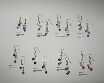 Tiny Hearts, Titanium,Nylon or Niobium Hooks/Hearts/Dangle Earrings/Turquoise/White/Green/Purple/Amethyst/Pink/Black/Orange