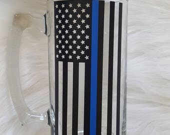 Thin Blue Line Flag Beer Mug, Thin Blue Line Beer Glass, Police Beer Mug, Law Enforcement Beer Mug, Police Gift, Law Enforcement Gift