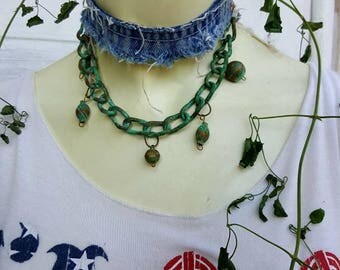 Denim choker, Harley Quinn style choker, boho chic style choker Bohemian choker, brass chain in brass adornments with patina coating ooak