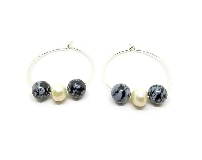 Snowflake Obsidian and Pearl Hoop Earrings, Gemstone Earrings, Pearl Earrings, Unique Birthday Gift, Gemstone Hoops, Pearl Jewelry