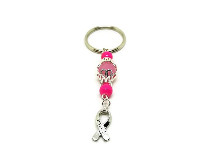 Breast Cancer Awareness Key Chain, Pink Ribbon Key Chain, BCA Key Chain, Unique Birthday Gift, Pink Beaded Keychain