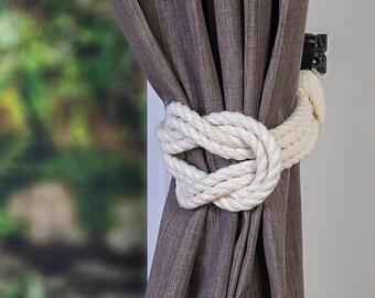 Cotton Rope Double Square Knot Nautical Curtain Tie-Backs/ Shabby Chic Ivory White Curtain hold-Backs / Nursery Window Treatment / Rope Ties