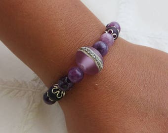 Purple & Silver Beaded Bracelet with Handmade Lampwork Glass Focal Bead