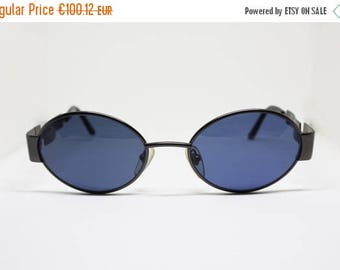 SALE 15% Oval sunglasses ANNABELLA thick metal frame with golden details on hinge blue lenses fixed, Deadstock