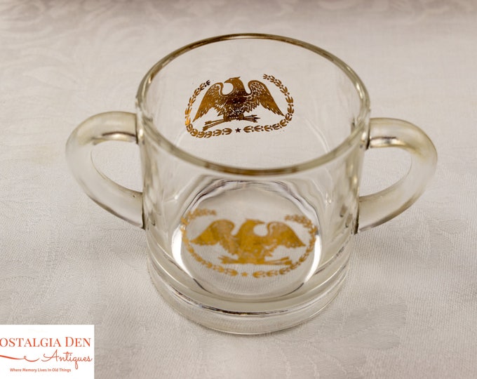 Vintage Creamer and Sugar Set on Wooden Tray | Clear Glass with Gold Federal Eagle