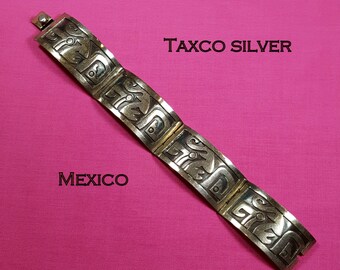 MEXICAN SILVER BRACELET Mid Century Taxco Bracelet in Sterling Silver 925 Aztec Design Panel Link Boho Bracelet Small Medium