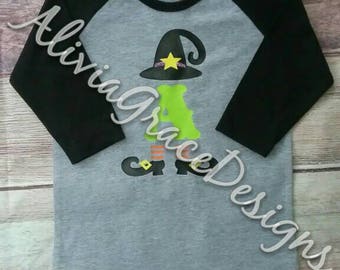 Halloween witch initial raglan tee.