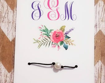 Monogram , monogram bracelet, wish bracelet, bridesmaid gifts , friendship gift, bridal party gifts , stocking stuffers, teacher gift , card