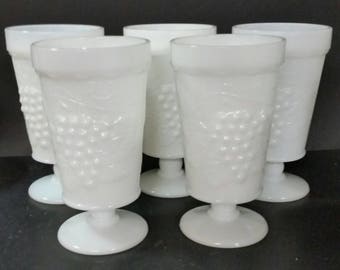 Vintage mid century milk glass parfait or drinking glasses. Set of 5. Grape and leaf design